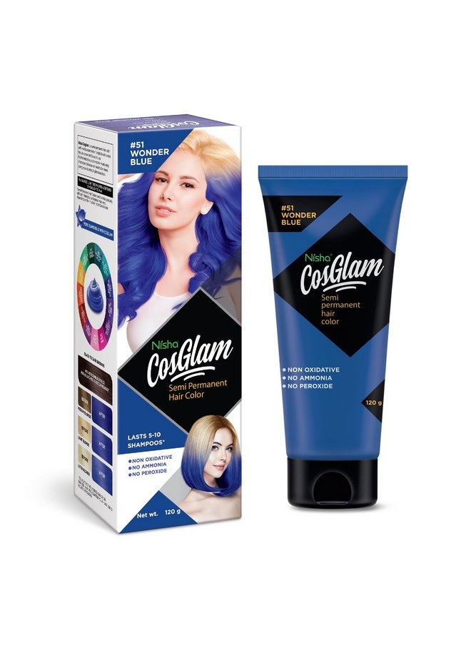 Cosglam Semi Permanent Hair Color For Unisex, Infused Conditioner, Glossy Finish, No Ammonia, No Peroxide & Non Oxidative, Vegan Highlights Hair Dye 120G #51 Wonder Blue