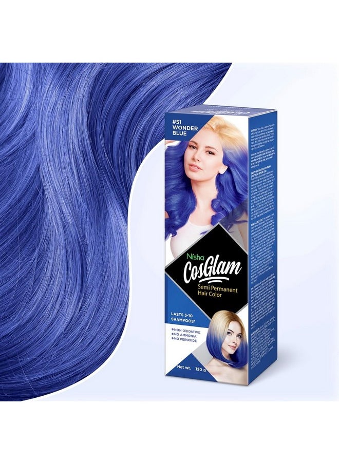 Cosglam Semi Permanent Hair Color For Unisex, Infused Conditioner, Glossy Finish, No Ammonia, No Peroxide & Non Oxidative, Vegan Highlights Hair Dye 120G #51 Wonder Blue