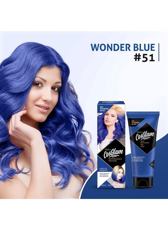 Cosglam Semi Permanent Hair Color For Unisex, Infused Conditioner, Glossy Finish, No Ammonia, No Peroxide & Non Oxidative, Vegan Highlights Hair Dye 120G #51 Wonder Blue