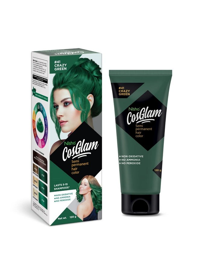 Cosglam Semi Permanent Hair Color For Unisex, Infused Conditioner, Glossy Finish, No Ammonia, No Peroxide & Non Oxidative, Vegan Highlights Hair Dye 120G #41 Crazy Green