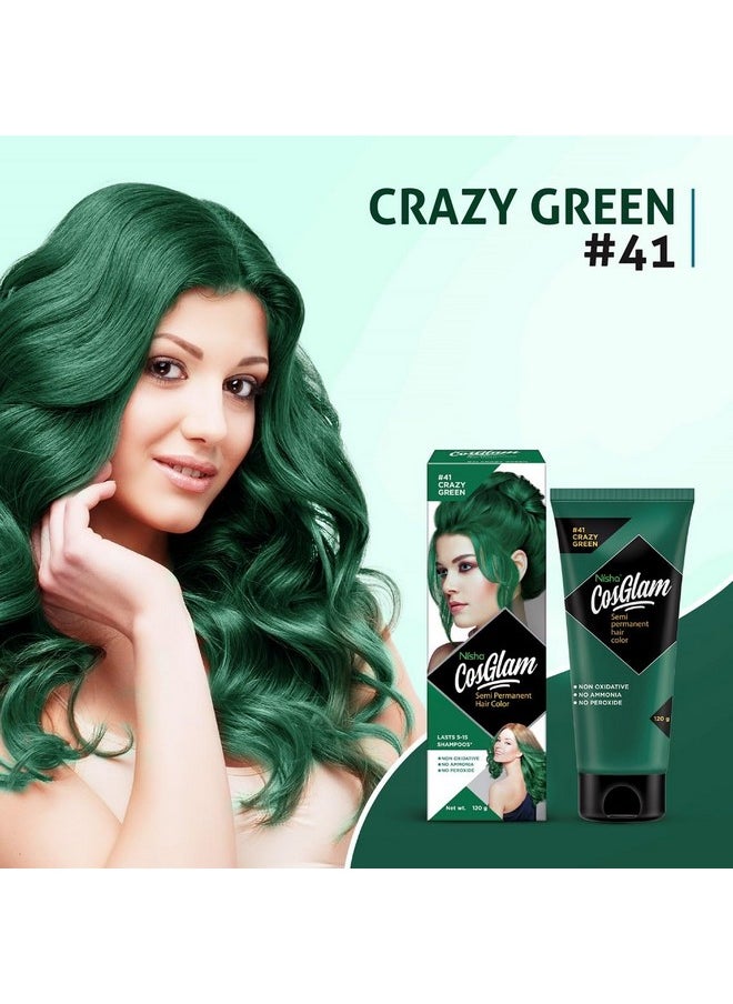 Cosglam Semi Permanent Hair Color For Unisex, Infused Conditioner, Glossy Finish, No Ammonia, No Peroxide & Non Oxidative, Vegan Highlights Hair Dye 120G #41 Crazy Green