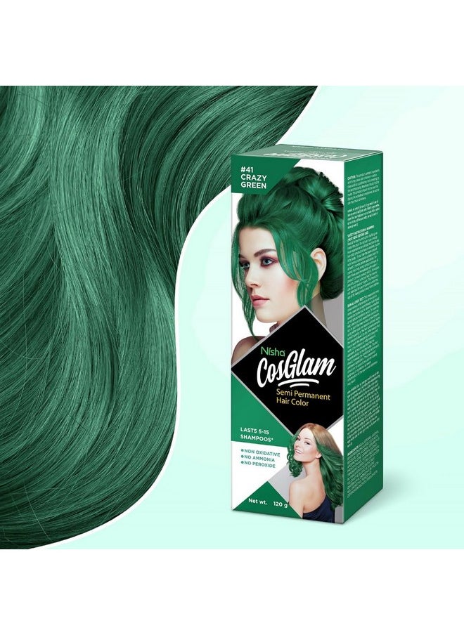 Cosglam Semi Permanent Hair Color For Unisex, Infused Conditioner, Glossy Finish, No Ammonia, No Peroxide & Non Oxidative, Vegan Highlights Hair Dye 120G #41 Crazy Green