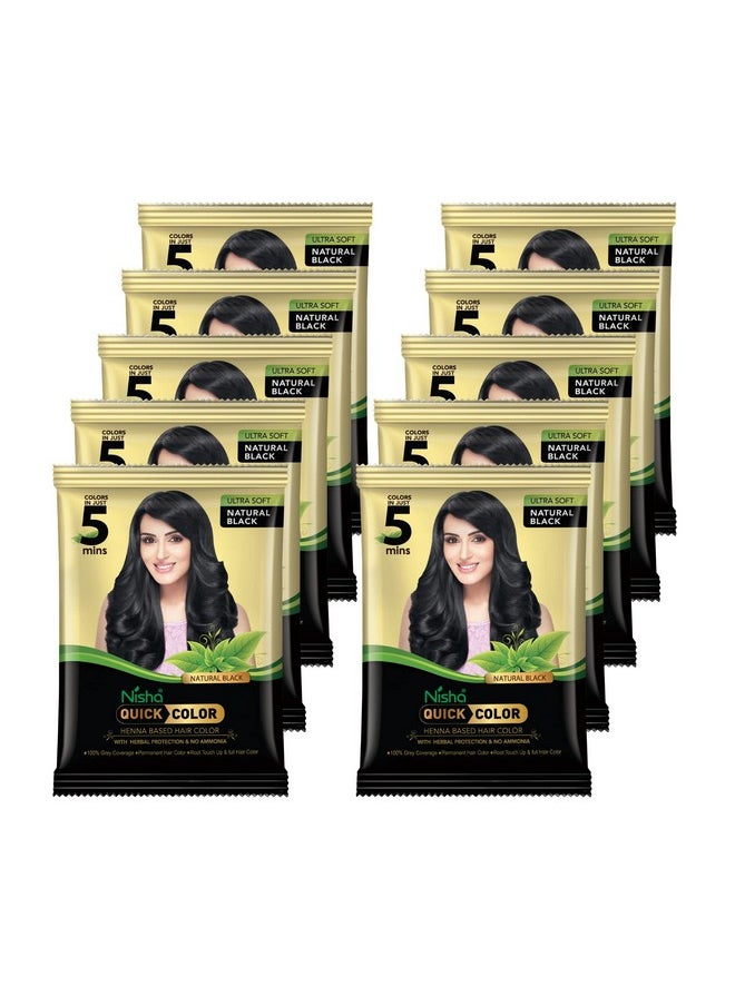 Quick Hair Color, 5 Minute Hair Color For Women & Men, Ammonia Free Henna Based Hair Colour, 100% Gray Coverage, Black Hair Dye, Natural Black Hair Color (10G Pack Of 10)