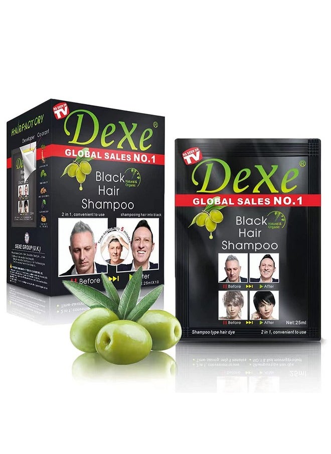 Dexe Black Hair Color Shampoo For Men Women, Natural Black (25Ml X 10 Sachet) Ammonia Free Instant Black Hair In Just 5 Minutes