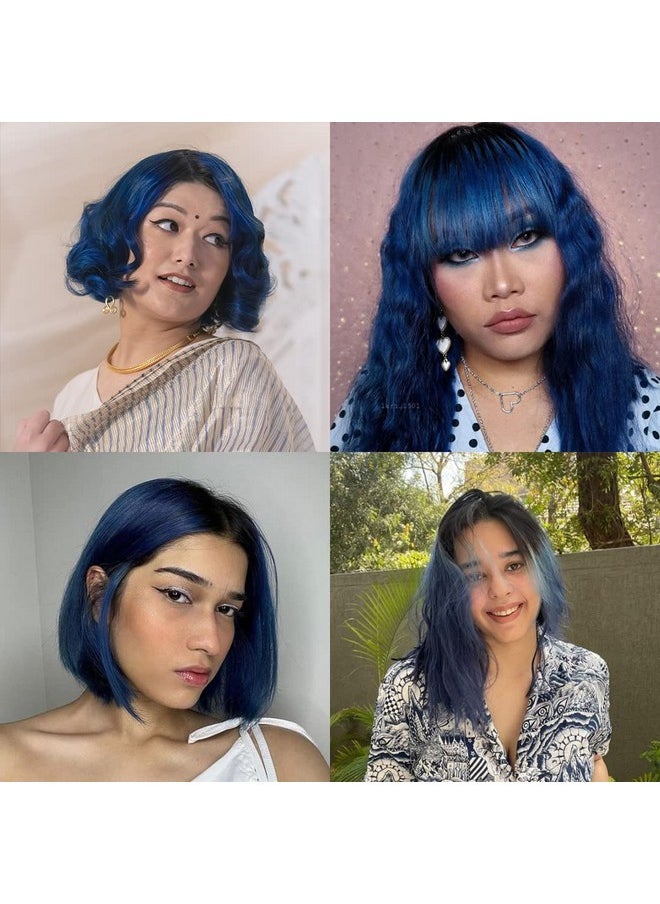 Semi-Permanent Sapphire Navy Diy Conditioner Based Hair Colour 120 Gm And Lighten Up! Bleach Pack 30 Vol. For All Hair Types