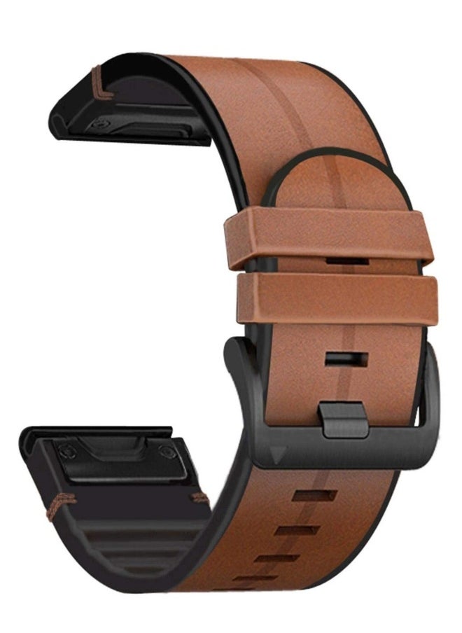 Watch Strap for Garmin Fenix 6X/ 5X/ 6/5, 26mm Soft Genuine Leather Hybrid Silicone Sweat Resistant Wristband, Quick and Easy Fit, Sweat Resistant (Brown)