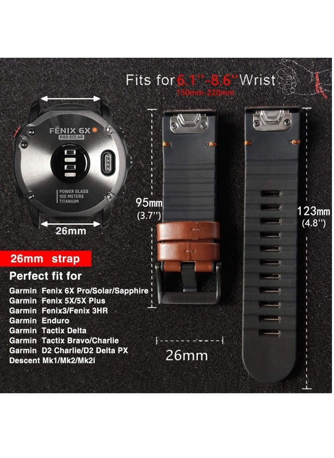 Watch Strap for Garmin Fenix 6X/ 5X/ 6/5, 26mm Soft Genuine Leather Hybrid Silicone Sweat Resistant Wristband, Quick and Easy Fit, Sweat Resistant (Brown)