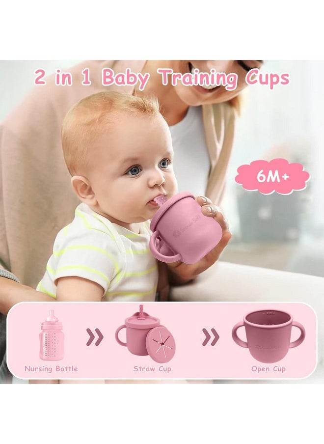 ® Silicone Sippy Cup With Straw Baby Cup Silicone Training Cup With 2 In 1 Lid, Teether Straw & Draining Lid, Bpa-Free Spill Proof Non-Slip Baby Straw Cups 6-12 Months Toddlers (Pink)