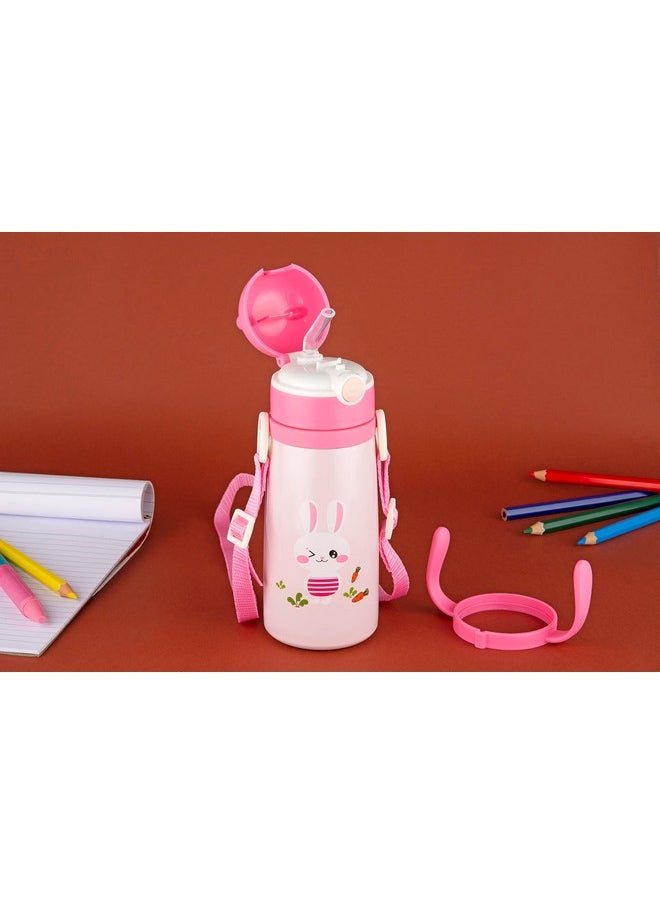 Goofy 380 Ml Vacuum Thermo Seal Insulated Double Wall Steel Body Baby Sipper With One Touch Opening & Silicon Straw,Long Retention Of Temperature Of Hot & Cold Liquids (Pink)