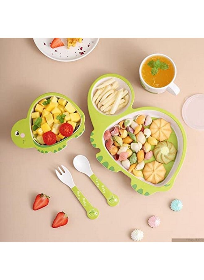 Bamboo Baby Tableware Set, Eco Friendly Bamboo Fiber Dinner Set For Weaning Toddlers/Kids, Set Of Plate Bowl Cup Fork And Spoon/Baby Feeding Utensils For Kids And Toddlers (Turtle)