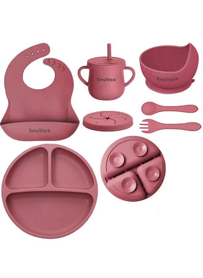 7 Pcs Silicone Baby Feeding Set Bpa-Free,Microwave Safe,Anti-Slip Base | Complete Tableware Kit For Babies & Toddlers With Suction Plate,Bowl,Cup, Spoon,Fork & Bib (Dark Pink)