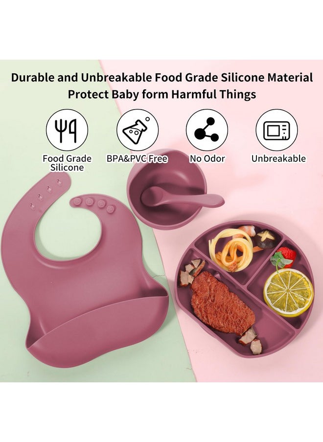 7 Pcs Silicone Baby Feeding Set Bpa-Free,Microwave Safe,Anti-Slip Base | Complete Tableware Kit For Babies & Toddlers With Suction Plate,Bowl,Cup, Spoon,Fork & Bib (Dark Pink)