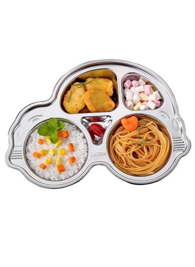 Stainless Steel Divided Meal Plate Tray-5 For Kids, Babies, Toddlers, Baby Feeding Kids Dinner Set With Compartments, Inspiring, Playful Design (Car)