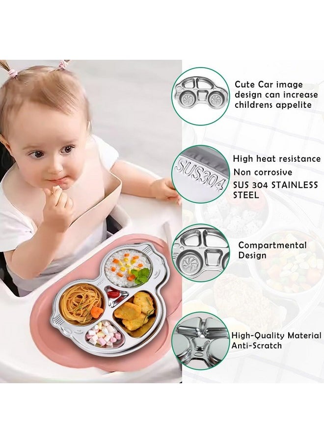 Stainless Steel Divided Meal Plate Tray-5 For Kids, Babies, Toddlers, Baby Feeding Kids Dinner Set With Compartments, Inspiring, Playful Design (Car)