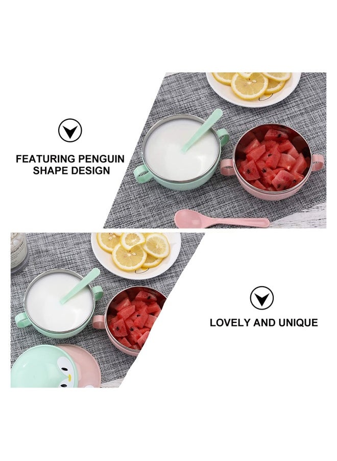 Baby Feeding Bowls with Spoons Stainless Steel Baby Bowl Penguin Baby Food Container Soup Snack Dinnerware with Handles for Infant Toddler Kids (Green)