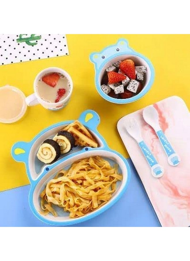 Bamboo Baby Tableware Set, Eco Friendly Bamboo Fiber Dinner Set For Weaning Toddlers/Kids, Set Of Plate Bowl Cup Fork And Spoon/Baby Feeding Utensils For Kids (Hippo)