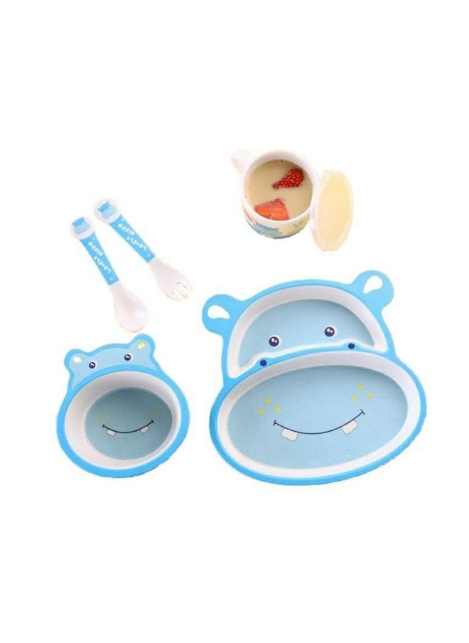 Bamboo Baby Tableware Set, Eco Friendly Bamboo Fiber Dinner Set For Weaning Toddlers/Kids, Set Of Plate Bowl Cup Fork And Spoon/Baby Feeding Utensils For Kids (Hippo)