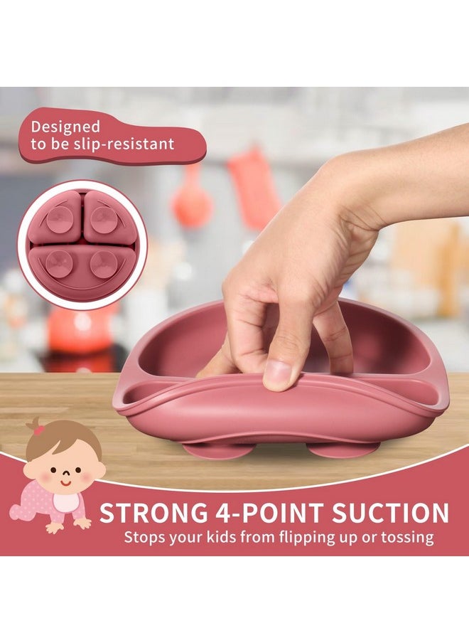 Baby Feeding Set, Silicone Tableware Kit For Baby, Bowl, Fork, Spoon & Suction Plates For Baby (Dusty Pink)