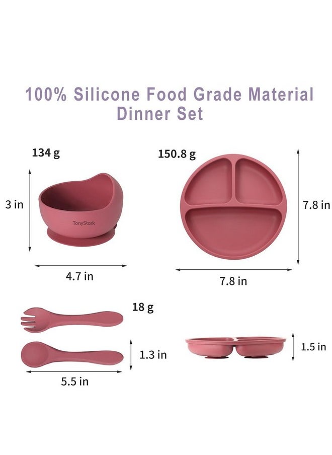 Baby Feeding Set, Silicone Tableware Kit For Baby, Bowl, Fork, Spoon & Suction Plates For Baby (Dusty Pink)