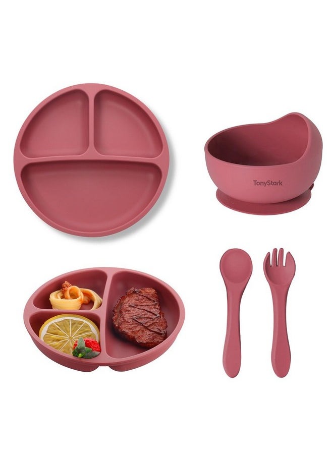 Baby Feeding Set, Silicone Tableware Kit For Baby, Bowl, Fork, Spoon & Suction Plates For Baby (Dusty Pink)