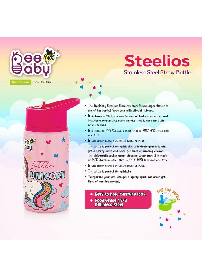 Steelios Stainless Steel Sipper With Flip Top Straw, Made Of Food Grade Anti Rust Material Ss304 (18/8). 100% Bpa Free. (540 Ml, 18 Oz., 18 Months+) (Unicorn Light Pink)