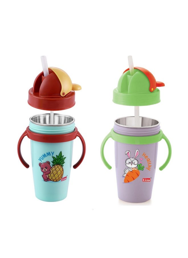 Hot & Cold Insulated Stainless Steel 360Ml Bpa-Free Cute Animal Design Baby Sipper Kids Water Bottle With Straw And Side Handle For Kids (Purple & Blue - 2Pc)