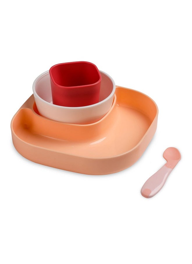 Luv Lap 4 Piece Baby Tableware Meal Set, Plate, Bowl, Tumbler And Spoon For Kids Or Infants, Attractive Colours, Non Toxic, Bpa Free Baby Utensil (Peach & Red) - Glass, Floral