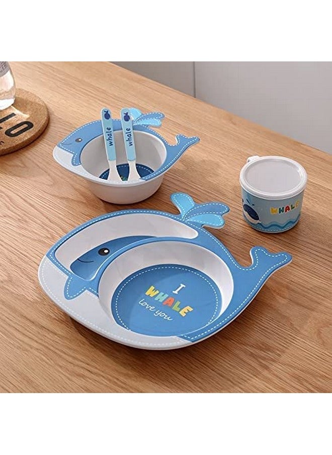 Bamboo Baby Tableware Set, Eco Friendly Bamboo Fiber Dinner Set For Weaning Toddlers/Kids, Set Of Plate Bowl Cup Fork And Spoon/Baby Feeding Utensils For Kids And Toddlers (Dolphin)