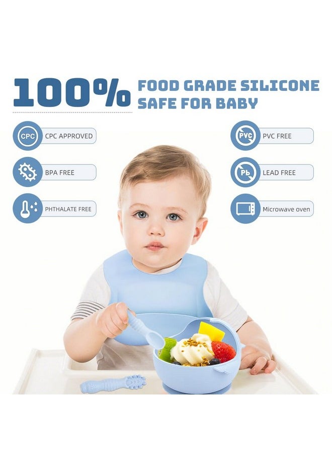 ® Baby Feeding Set Of 10Pcs Food Grade Toddlers Silicone Food Plate Sipping Cup Bowl Set With Silicone Bib, Baby Cutleries, Self-Feeding Tableware Set For Toddlers, Sterilizable, Blue