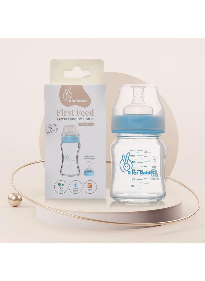 First Feed Baby Glass Feeding Bottle 120Ml With Anti-Colic Wide Neck, Bpa Free Soft Silicone Nipple, Milk Feeder For New Born/Infants/Toddler Kids Of 0+ Months (Lake Blue)