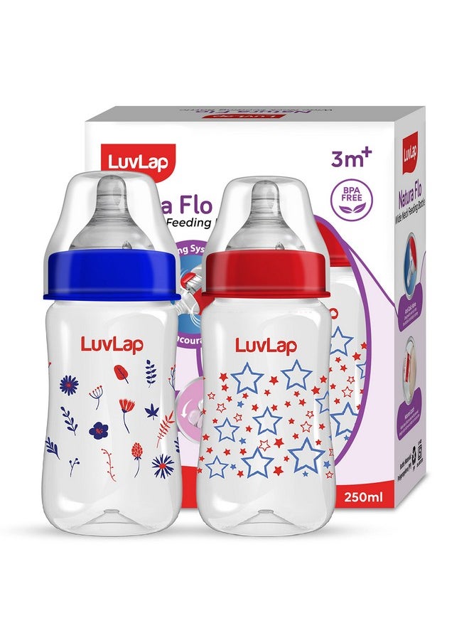 Anti-Colic Wide Neck Natura Flo Baby Feeding Bottle, 250Ml (Pack Of 2), New Born/Infants/Toddler Upto 3 Years, Stars, Bpa Free