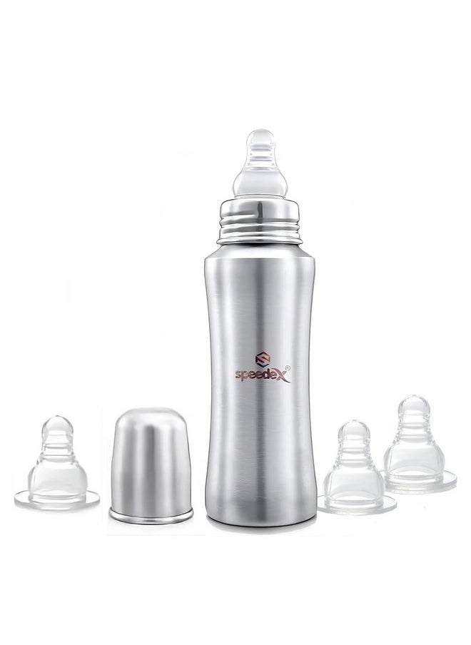 Stainless Steel Infant Baby Feeding Bottle, Bpa Free, Anti-Colic, Plastic-Free, Medium-Flow Nipple (Up To Brim 240 Ml, 3 Nipple Extra)