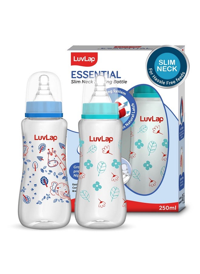 Anti-Colic Slim/Regular Neck Essential Baby Feeding Bottle, 250Ml (Pack Of 2), New Born/Infants/Toddler Upto 3 Years, Jungle Tales & Wild Flowers, Bpa Free,Blue