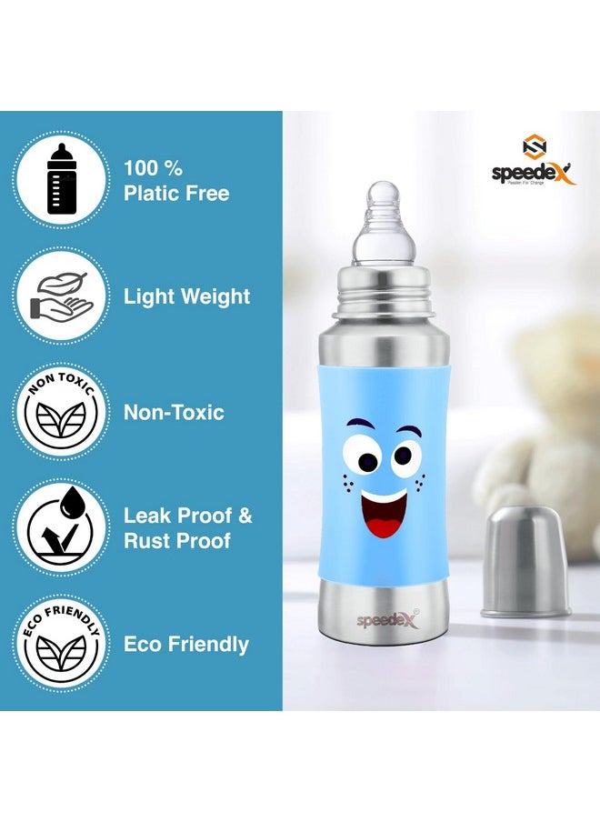 Stainless Steel Baby Feeding Bottle With Internal Ml Marking, Smiley Printed Silicon Grip (240 Ml, Blue Color, Silver Metal Mirror Finish) (1 Extra Nipple Free)