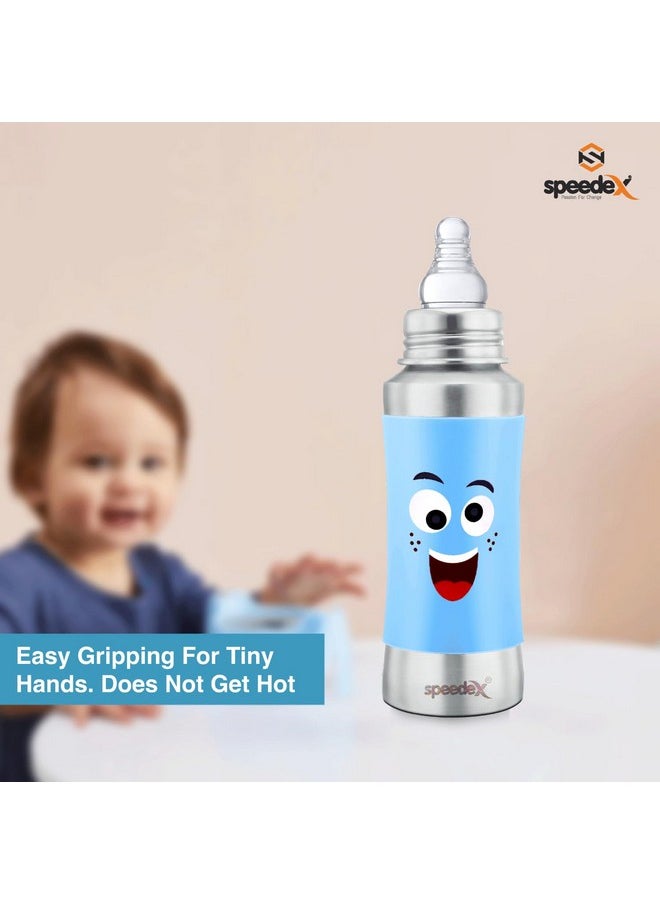 Stainless Steel Baby Feeding Bottle With Internal Ml Marking, Smiley Printed Silicon Grip (240 Ml, Blue Color, Silver Metal Mirror Finish) (1 Extra Nipple Free)