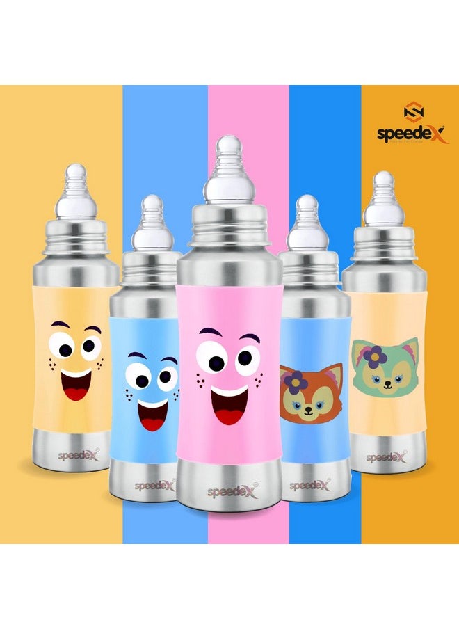 Stainless Steel Baby Feeding Bottle With Internal Ml Marking, Smiley Printed Silicon Grip (240 Ml, Blue Color, Silver Metal Mirror Finish) (1 Extra Nipple Free)