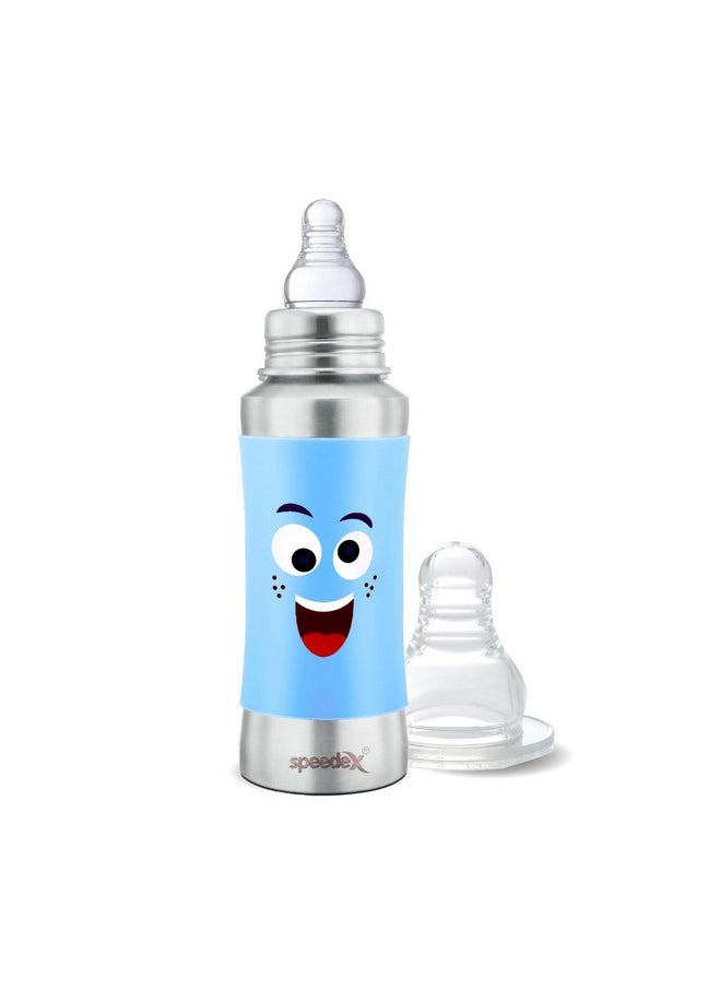 Stainless Steel Baby Feeding Bottle With Internal Ml Marking, Smiley Printed Silicon Grip (240 Ml, Blue Color, Silver Metal Mirror Finish) (1 Extra Nipple Free)