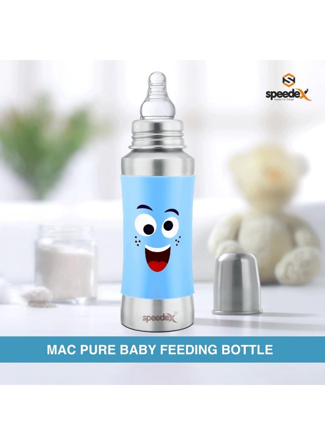 Stainless Steel Baby Feeding Bottle With Internal Ml Marking, Smiley Printed Silicon Grip (240 Ml, Blue Color, Silver Metal Mirror Finish) (1 Extra Nipple Free)