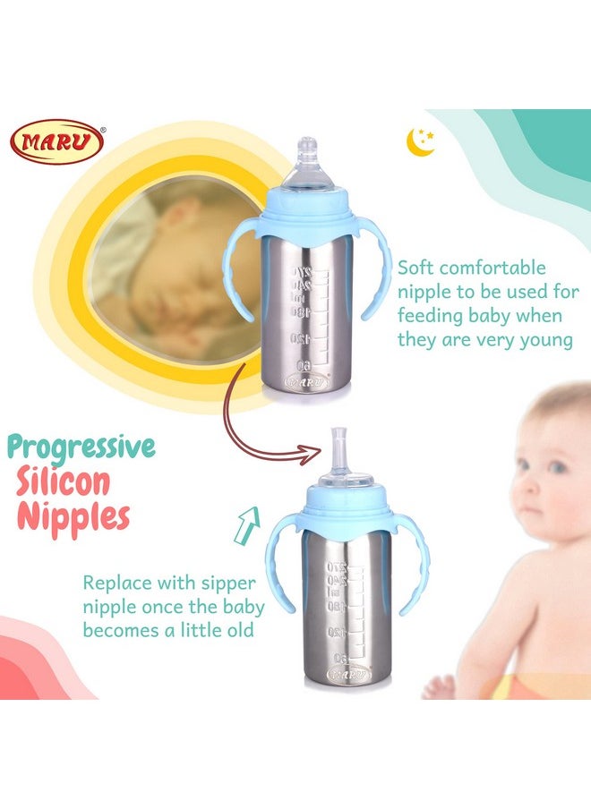 3-In-1 Stainless Steel Feeding Bottle For Baby Blue Color-Versatile Sipper,Feeder, For Newborns-3+ Months Kids, Baby Feeding Bottle With Extra Travel Lid & Sipper Nipple, 270 Ml