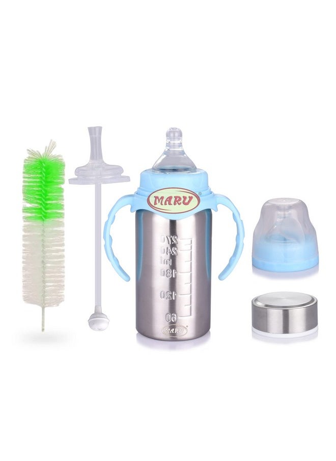 3-In-1 Stainless Steel Feeding Bottle For Baby Blue Color-Versatile Sipper,Feeder, For Newborns-3+ Months Kids, Baby Feeding Bottle With Extra Travel Lid & Sipper Nipple, 270 Ml