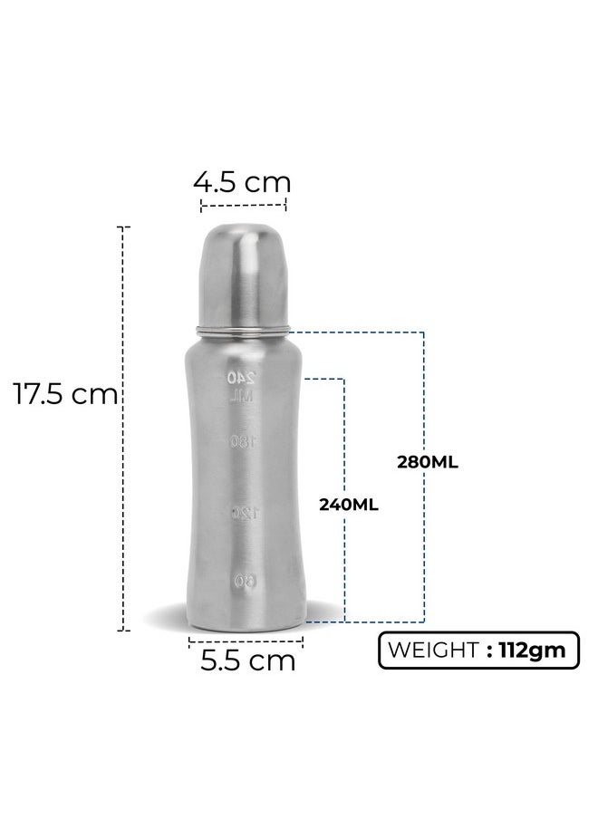 Stainless Steel Infant Baby Feeding Bottle, Bpa Free, Anti-Colic, Plastic-Free, Medium-Flow Nipple (240 Ml)