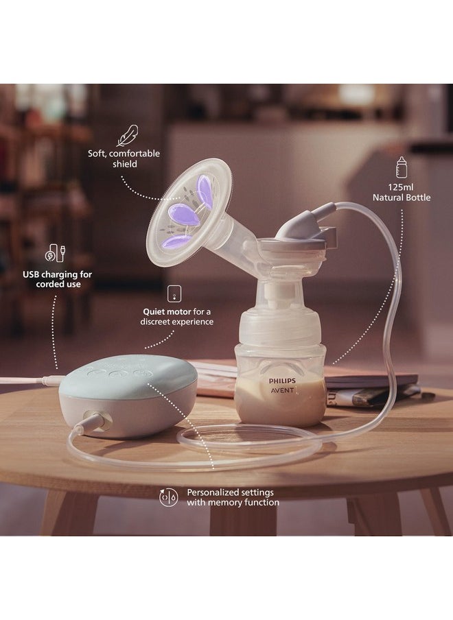 Ps Avent Portable Electric Breast Pump | No.1 Brand Recommended By Moms Worldwide | Soft Adaptive Silicon Cushion | One Size Fits All | 4 + 4 Expression And Stimulation Settings | Quiet Motor |Corded Scf323/11