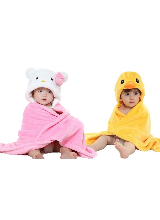 Baby'S Fleece Bath Towel Hooded Wrapper, Yellow, Pink- Pack Of 2