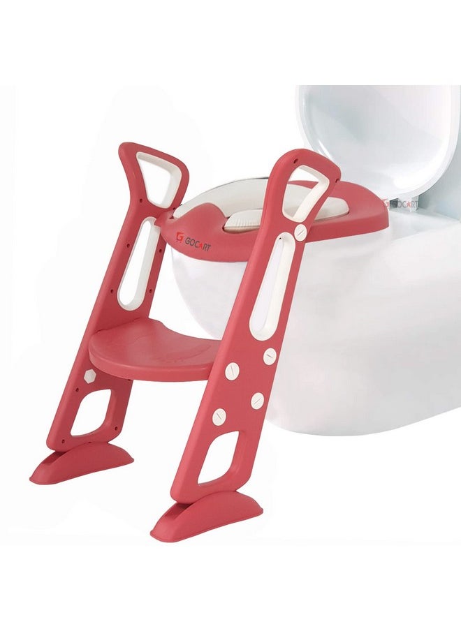 Adjustable Toilet Training Seat With Sturdy Non-Slip Wide Step And Soft Cushion For Baby (Chinese Red)