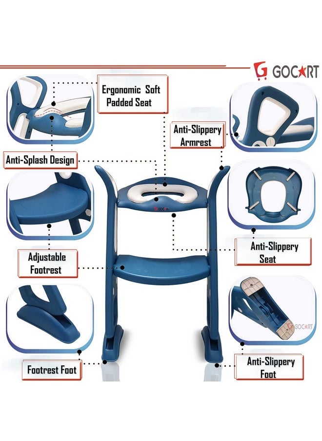 Adjustable Toilet Training Seat With Sturdy Non-Slip Wide Step And Soft Cushion For Baby (Lake Blue), Plastic