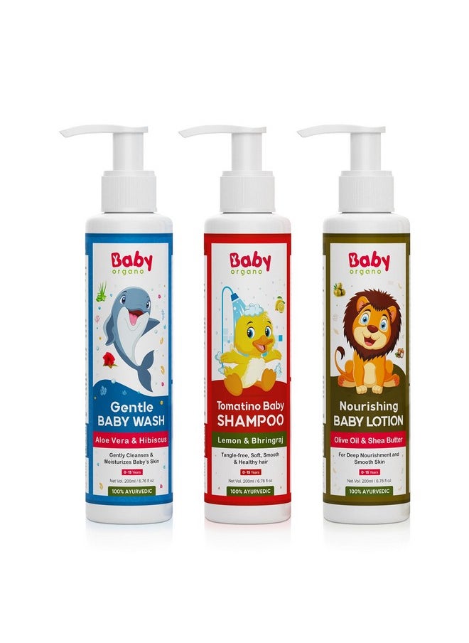 Ayurvedic Baby Wash, Shampoo & Lotion Combo (200Ml Each), Nourishing, Natural Ingredients For Sensitive Skin