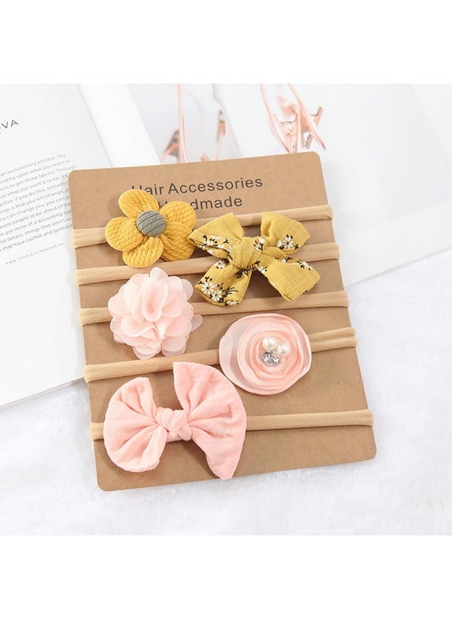 Baby Hair Band 5 Pcs Hairband For Baby Girl Flower Hairband For New Born Baby Girl 0-6 Months (Yellow + Pink)