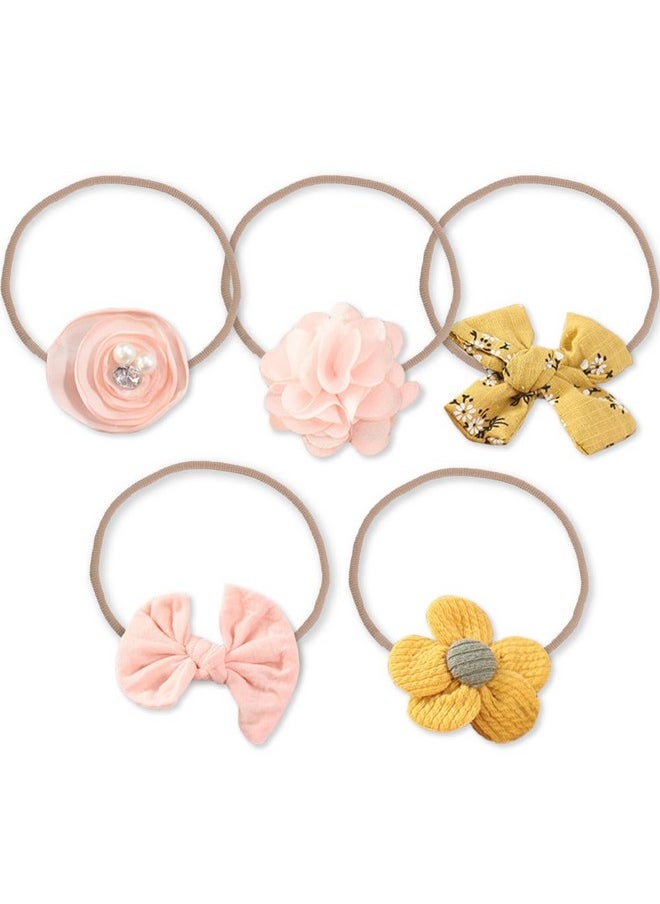 Baby Hair Band 5 Pcs Hairband For Baby Girl Flower Hairband For New Born Baby Girl 0-6 Months (Yellow + Pink)