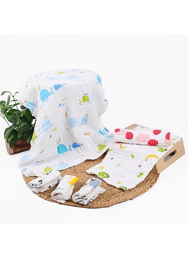 Unisex Baby Organic Cotton Super Soft Absorbent 6 Item Gift Set | 0-3 Years | Muslin 6 Layer Wash Towel- 60X120 Cm -Printed And Pack Of 3 Napkin And 2 Burp Cloth