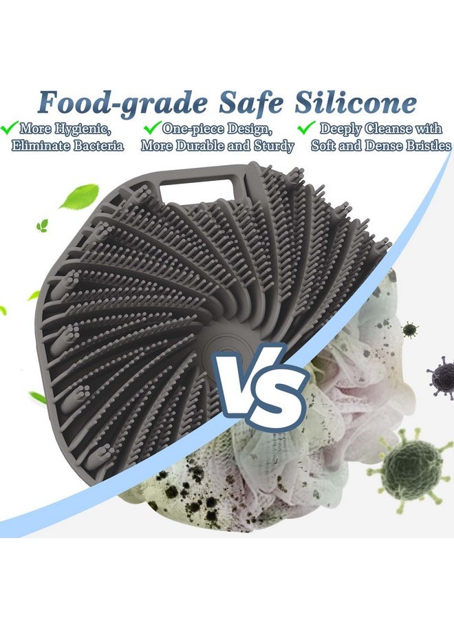 Silicone Back Scrubber & Soft Bath Glove Set 4 Pcs(Thick Bristles), Super-Exfoliating Body Scrubber & Super-Lathering Shower Brush Combination, With A Free Hook(Gray)